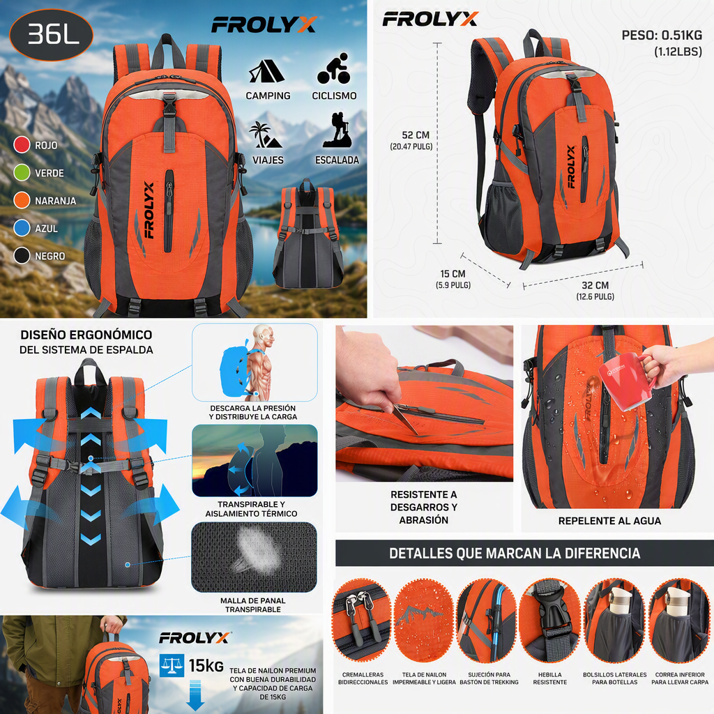 Mochila Outdoor Impermeable 36L para Senderismo y Viaje
